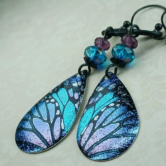 HAND CRAFTED Butterfly Wing Earrings Black Blue Purple Artisan Glass Fairycore - Picture 2 of 6